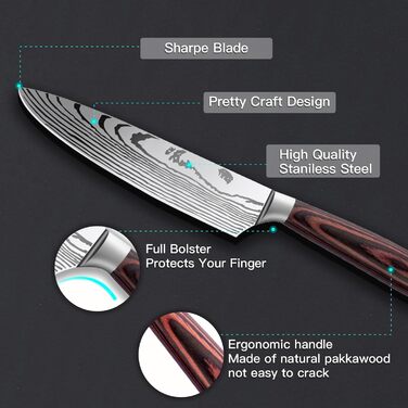 Набір кухонних ножів 5 шт. з нержавіючої сталі, преміум якість, ергономічні дерев'яні ручки, професійний кухонний набір, подарункова коробка