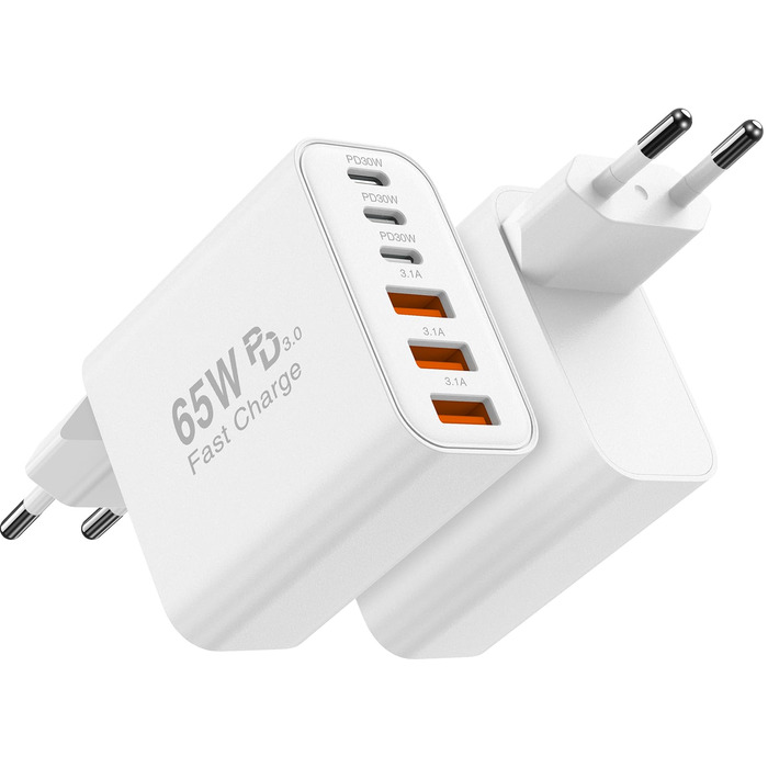 Зарядний пристрій 65W USB-C для iPhone 17/16/15/14/13/12 та Samsung S25/S24/S23/S22, 6 портів (USB-C + USB-A), швидка зарядка, адаптер живлення 2 шт.