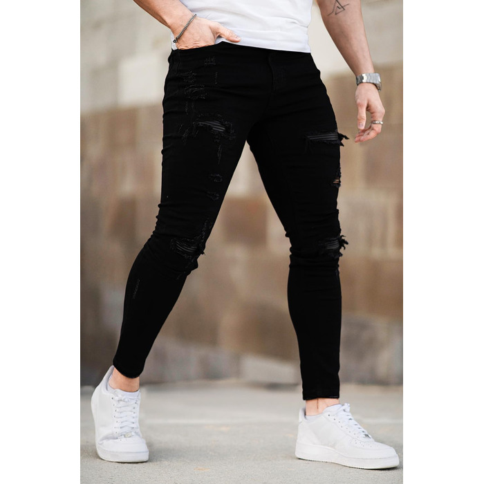 Чоловічі рвані джинси GINGTTO Skinny Stretch Slim Fit (Чорні, 34W/30L)