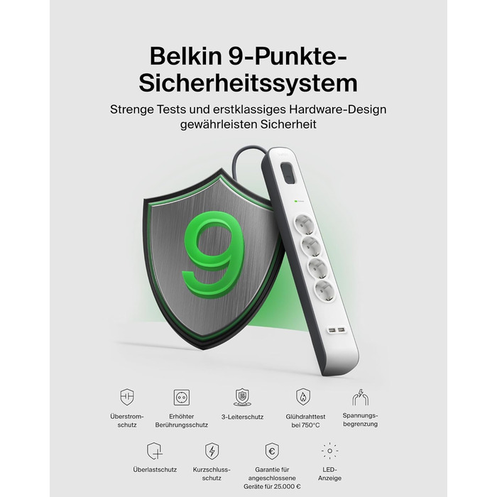 Мережевий фільтр Belkin з захистом від перенапруги та USB-портами, 8 розеток, 2 USB-A, 2.4A, кабель 2м, для дому та офісу