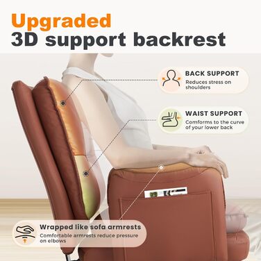 Офісний крісло IWMH з PU шкіри, ергономічний, регульований, з підлокітниками та реклінером 90-135° (колір: коричневий)