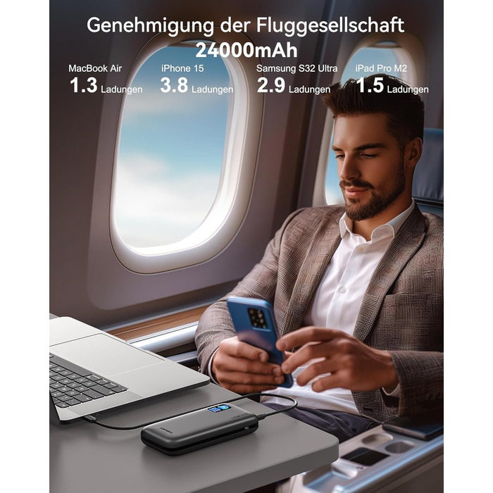 Power Bank AsperX 100W 24000mAh з LED-дисплеєм для ноутбуків, телефонів (iPhone 16/15/14 Pro), MacBook, iPad, Tablet, Steam Deck (сірий)