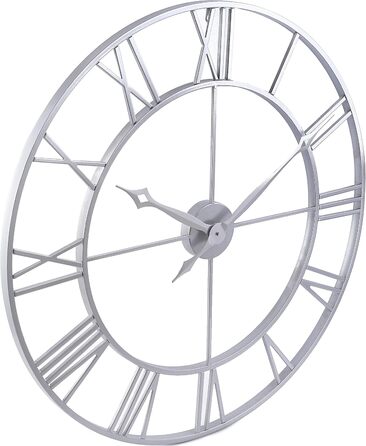Samilito Large Wall Clock in Vintage Style, Round, Silent, Silver. Includes a FREE extra set of black clock hands. Metal clock for Loft, Living Room, Bedroom, and Kitchen decoration (Silver, 76 cm)