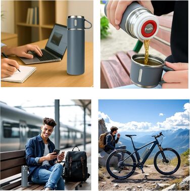 Термофляга 500 мл з нержавіючої сталі – 2 чашки з ручкою – не протікає, BPA-free – з щіткою для чищення – сірий колір