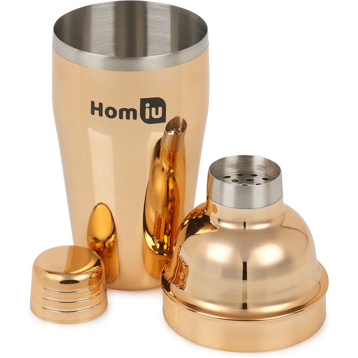 Homiu Stainless Steel Cocktail Shaker Set (550ml) with Rainbow Design, shimmering stainless steel, 5-piece: strainer, 2 jiggers (15/30ml) (Gold-Accented)