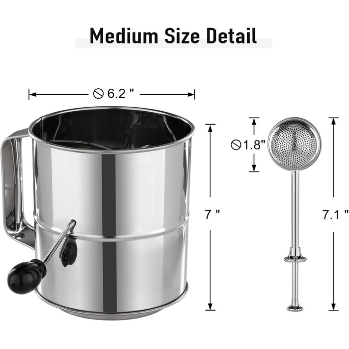 Flour Sifter - 5 Cup Fine Mesh Hand Crank Sifter Stainless Steel with Whisk Wire Loop for Baking, Powdered Sugar Dusting Set