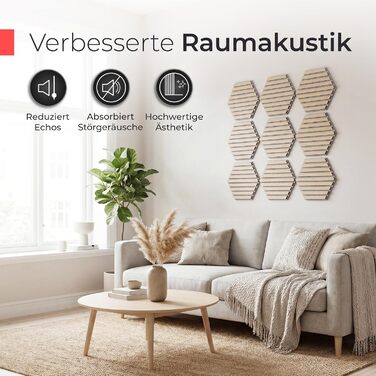 Акустичні гексагональні панелі з натурального горіха та чорного фетру, самоклеючі 3D-панелі для звукоізоляції та декору стін, набір 9 шт (30x26 см)