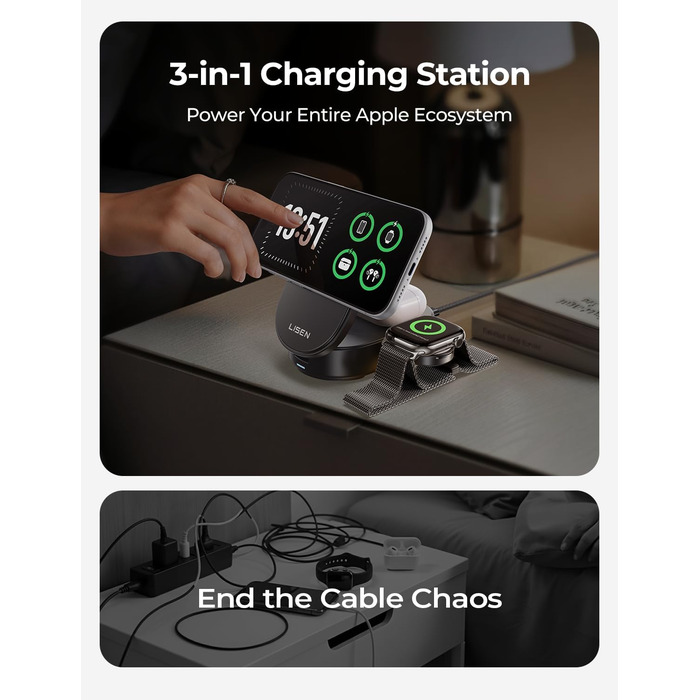 Зарядна станція LISEN 3-в-1 MagSafe 25W з адаптером 45W для iPhone 17/16/15/14/13, Apple Watch та AirPods Qi2.2