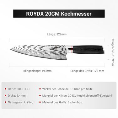 ROYDX Кухонний ніж Extra Scharfe, 20 см, професійний, з ручкою з Eschenholz, подарункова коробка