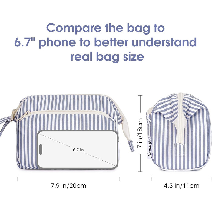 Косметичка жіноча Narwey для подорожей: велика, з широким відкриванням (сіро-блакитна смугаста)