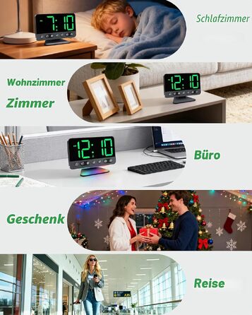 Цифровий будильник LED з RGB-підсвіткою, потужний сигнал 30-110 дБ для міцного сну, USB-порт, функція Snooze, настільний годинник (Зелений)