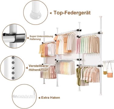 Телескопічна система для гардеробу, штанга для одягу зі 6 штангами, телескопічна шафа для одягу з 2 гачками, регульована полиця 110-300 см, для дому та магазину одягу, білий