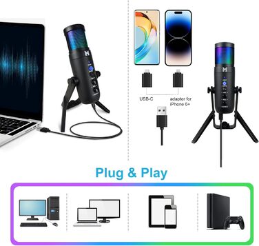 USB мікрофон для ПК, геймінгу, стрімінгу, подкастів та запису голосу. RGB-підсвітка, сумісний з телефоном, ПК, PS4, PS5 та Mac