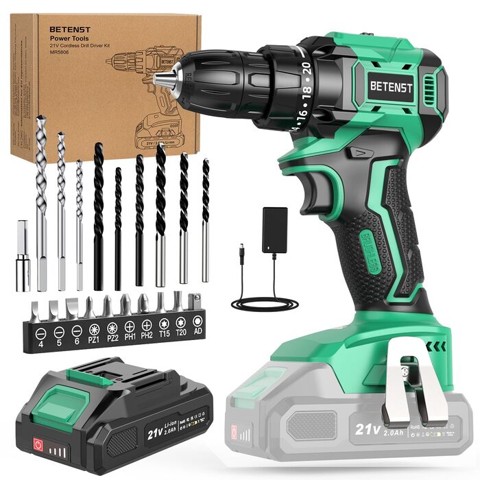 Акумуляторний шуруповерт безщітковий 21V BETENST з акумулятором 2.0Ah, 45Nm, 20 моментів, патрон 10mm, 2 швидкості, 20-ти елементний набір для дому, саду та DIY проектів (зелений)
