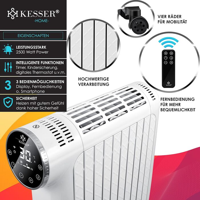 KESSER® Oil Radiator 2500W Electric Heater Radiator Electric Heating System Energy-Saving with Display WiFi App & Remote Control Touchscreen - Mobile Oil Radiator 24h Timer, Thermostat & Overheat Protection White