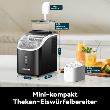 Льодогенератор EUHOMY IM005 для дому та офісу, 15 кг льоду на добу, резервуар 2л, функція самоочищення, чорний