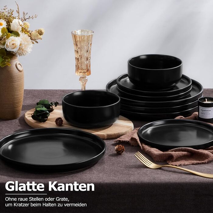 Набір посуду Onader на 6 осіб: 18-ти частинний сервіз з каменю, 6 тарілок, десертних тарілок, мисок, стійкий до миття в посудомийній машині та подряпин (Класичний чорний)