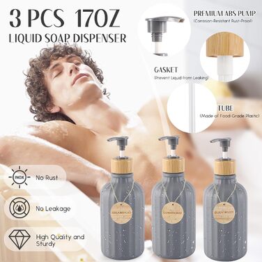 Набір аксесуарів для ванної кімнати сірого кольору, 17 предметів: сміттєвий бак, 3 диспенсерів для мила/лосьйону, тримач для зубних щіток, мильниця, стаканчик, 6 дерев'яних гачків, піднос для ванної кімнати