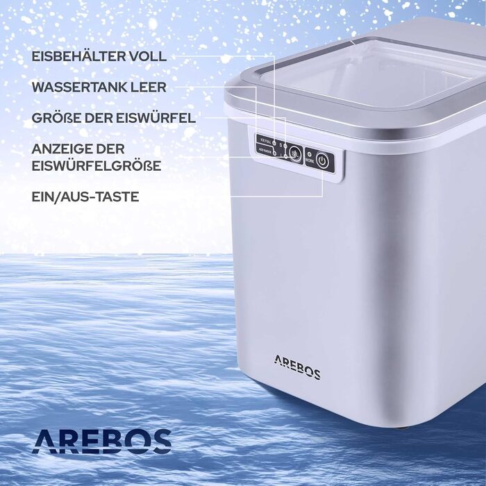 Машина для приготування льоду Arebos | 12 кг/24 год | Швидке виробництво (10-15 хв) | 2 розміри кубиків льоду | 2.2 л резервуар | Тиха робота | Самоочищення | Сріблястий колір