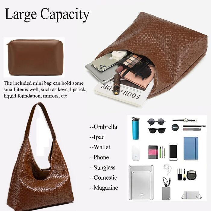 Жіноча сумка-хобо з екошкіри, велика місткість, плечова сумка з ручкою (коричнева)