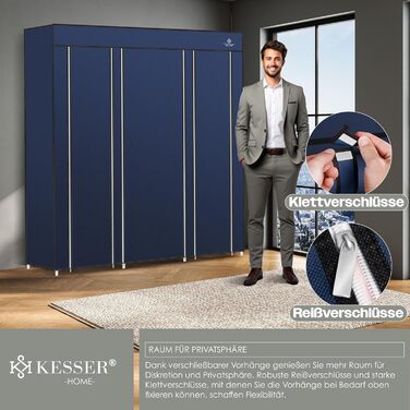 KESSER® Wardrobe Clothes Closet Stable with Clothes Rail & Shelves, Incl. 5x Clothes Hangers, Fabric Folding Closet for Bedroom, Dressing Room Wardrobe with Clothes Rack 150x45x175cm (Navy Blue)
