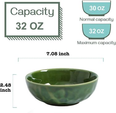 Набір тарілок для мюслі Vicrays (6 шт.) з порцеляни, об'єм 940 мл, набір тарілок та мисок, салатник з кераміки, супові тарілки, підходить для мікрохвильової печі та посудомийної машини (зелений)