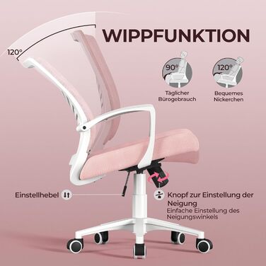 Ергономічне крісло Yaheetech для офісу та дому, з регулюванням висоти та функцією гойдання, обшите м'яким сидінням, для робочого кабінету/офісу, світло-рожеве