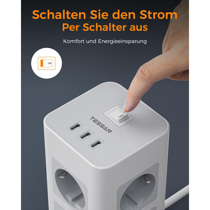 Блок розеток TESSAN з захистом від перенапруги, 3600W, 16A, 8 розеток, 3 USB-C, 2M, сірий