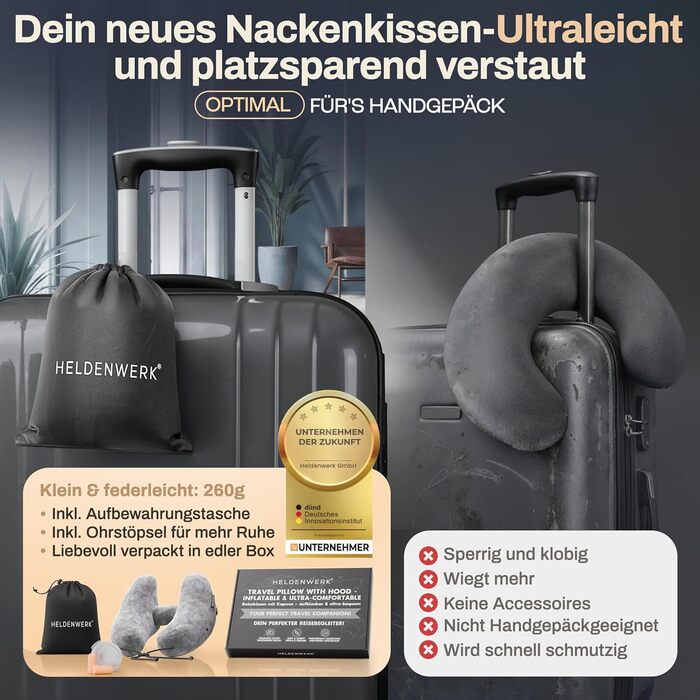 Подушка для шиї HELDENWERK® Air: 5 положень, регульований тиск, знімний капюшон | Подушка для подорожей на літаку/автомобілі, м'яка, сірого кольору, велика