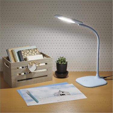 LED настільна лампа EMOS STELLA 6.5W з регулюванням яскравості, 4000K, гнучкий важіль, 1.7м кабель, CRI>80, 30000 год служби, блакитний колір