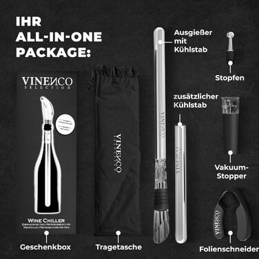 Набір для охолодження вина VINENCO DAS ORIGINAL: охолоджувач пляшок + декантер 7-в-1. Преміум аксесуари для вина: сталь, декантер, аератор, виливач. Ідеальний подарунок для жінок та чоловіків. Набір для червоного та білого вина з 2 охолоджувачами.