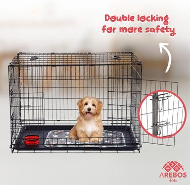 Клітка для собак Arebos | Транспортний бокс для собак, розкладний | Клітка-бокс для собак з 2 дверцятами | Клітка для собак в авто, для дому (63 x 45 x 51 см)