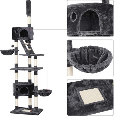 Кігтеточка Yaheetech XXL з високою конструкцією, 2 будиночки та кошик для кота, сизаль, регульована висота 228-255 см, сіро-білий колір