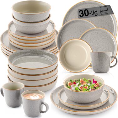 Набір посуду SÄNGER Rio Perlgrau на 6 осіб (30 предметів): тарілки, чашки, салатник, кераміка, сірий. Посуд для ресторану, дому, мікрохвильовки та посудомийної машини