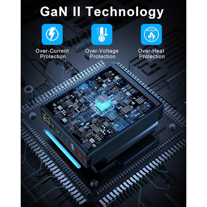Зарядний пристрій USB 6 портів з LCD екраном, GaN швидка зарядка USB-C, сумісний з MacBook, iPad, iPhone 16/15/14/Pro/Max, Samsung Galaxy S23 (Чорний)