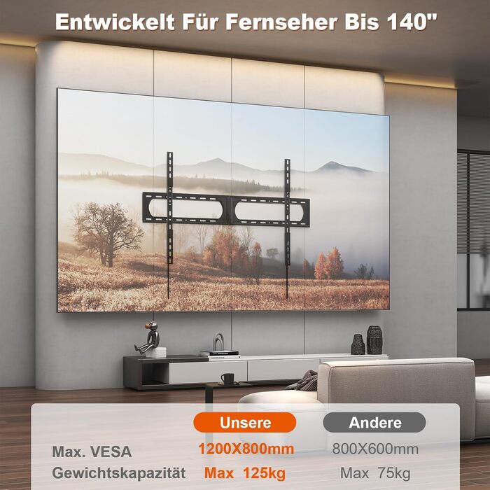 Кронштейн для телевізора Universal Ultra Slim 37-140 дюймів, вантажність до 125 кг, VESA 1200x800, чорний