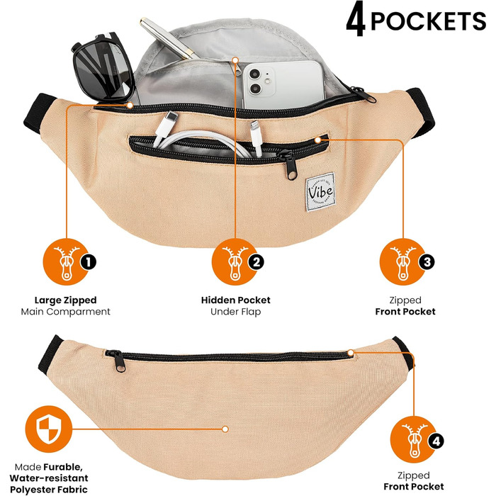 Поясна сумка Vibe Bauchtasche для жінок, чоловіків та дітей - поясна сумка, сумка на пояс, кишенька для телефону на фестивалі, вечірці, рейві, спорту, активного відпочинку, фітнесу, велосипеді, бігу. Єдиний розмір (Бежевий)