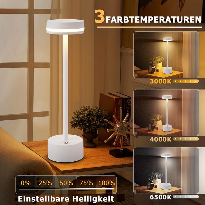 Настільна лампа акумуляторна LED 2 в 1: бездротова, димована, з USB-C зарядкою, сенсорна, для спальні, їдальні, офісу (біла)