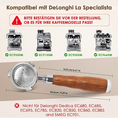 Портфільтр з 3 вушками для кавомашини De'Longhi La Specialista, 51 мм, моделі EC9335, 9155, 9355, 9665, нержавіюча сталь, дерев'яна ручка з горіха