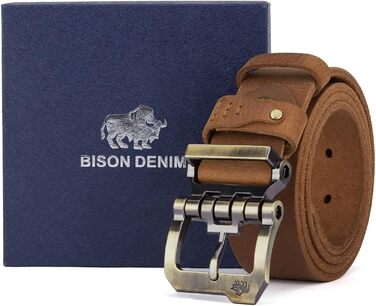 Чоловічий шкіряний ремінь BISON DENIM: класичний варіант для джинсів та ділового стилю, ширина 38 мм, з подарунковою коробкою (W71792-brown)
