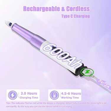 Електричний фрезер для нігтів для гелю, 12 в 1, бездротовий, 25000 об/хв, USB, 5 швидкостей, манікюр/педикюр