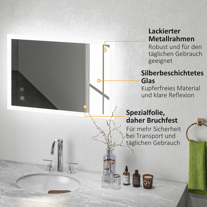 Дзеркало для ванної кімнати Kleankin з LED-підсвіткою 70x50 см, сенсорне управління, функція пам'яті, антизапарник, 3 кольори світла, водонепроникність IP44