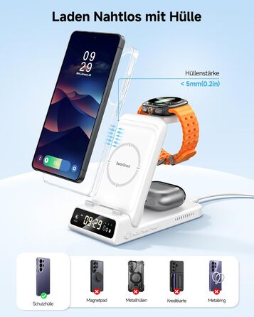 Бездротова зарядка 3-в-1 SwanScout 703S для Samsung Galaxy S26 Ultra/S25/S24/S23, Galaxy Watch 8/8 Classic/Ultra/7/6 та Buds 4/4 Pro - Біла
