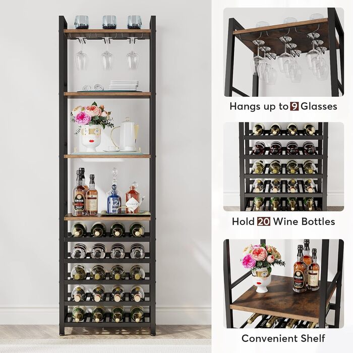 Tribesigns 20 Bottle Wine Baker's Rack, Freestanding Wine Rack, 9 Tiers, Industrial Freestanding Wine Rack Wine Bar with Glass Holder, Bottle Rack for Bar, Kitchen, Dining Room, (Rustic Brown, 2 PC)