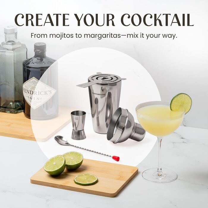 Набір для коктейлів Mixology & Craft (8 предметів): шейкер із нержавіючої сталі та аксесуари для бару в чорній дерев'яній підставці, подарунковий сет із рецептами, сріблясто-чорний