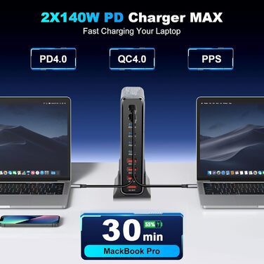 Зарядний пристрій GaN III USB C 730W, 10 портів (6x USB-C, 4x USB-A), PD 140W/100W/65W/30W для MacBook, iPhone, iPad, Samsung Galaxy - Швидка зарядка