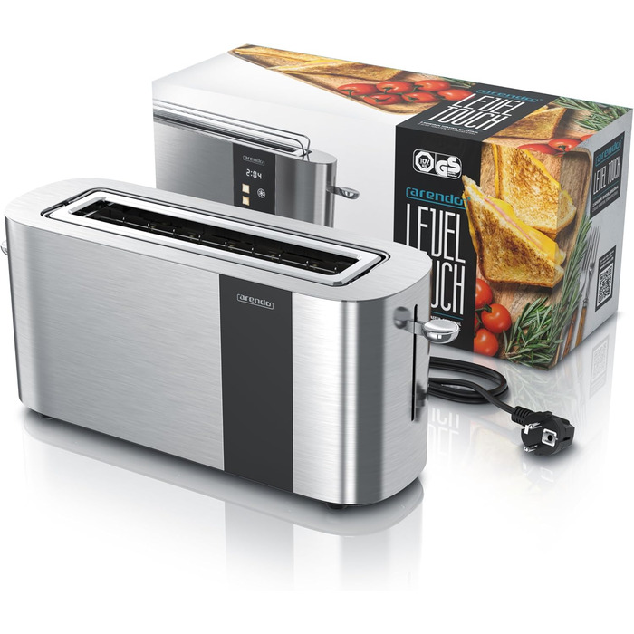 Тостер Arendo з нержавіючої сталі, 2 відділення, довгий проріз, сенсорний екран, подвійні стінки, насадка для бургерів, 6 рівнів підсмажування, центрування хліба, індикатор часу, функція пам'яті, чорний (C: Steelsilver)
