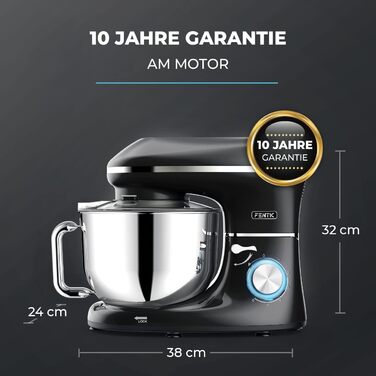 Fentic Stand Mixer - 2000W - Stainless Steel Mixing Bowl (6.2 L) - Stand Mixer with Dough Hook, Beater Hook, Whisk, and Splash Guard - Includes Additional Accessories - Black