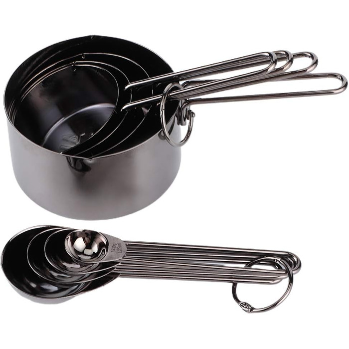 8-Piece Measuring Cup and Spoon Set, Measuring Spoons and Cups Made of Food-Grade Stainless Steel with Scale, Small Measuring Cups with Angled Spout (338g - Black)