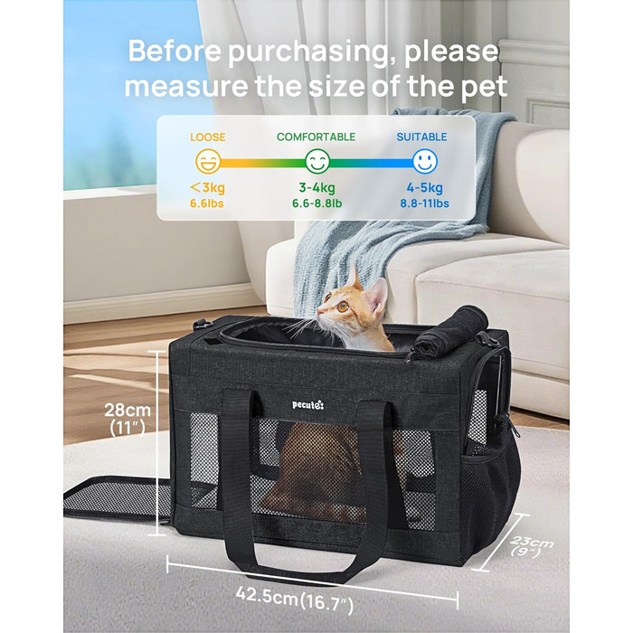 Транспортна сумка для котів Pecute Katzentasche: міцна переноска для домашніх тварин, легка, складана, для котів та маленьких собак, ідеальна для подорожей та до ветеринара, до 4 кг (44 x 23 x 30 см, темно-сірий)